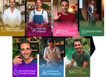 Cursos e formações: Master em Aromaterapia, Pele de Pétalas, Pausa Menopausa, Masterclass, Aromaterapia Fundamental, Saboaria Inteligente e Saúde em Gotas